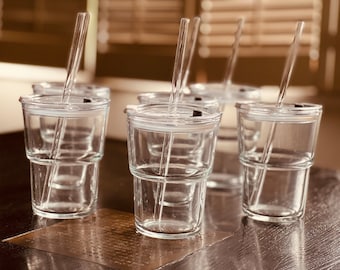 Minimalist Glass Tumbler with Lid and Glass Straw  - 13 oz - Iced Coffee Glass - Mason Jar Alternative - Gift for Her - Set of 2!