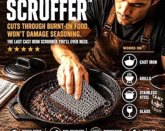 The Scruffer™ Chainmail Cast Iron Scrubber | Cast Iron Cleaner | Stainless Steel Pot & Barbecue Grill Scrubber | Sustainable Kitchen Cleaner