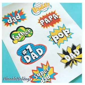 DIGITAL Super Dad Dia dos Pais Cupcake Toppers Etiquetas Etiquetas Decoração Herói Daddy Papa Pop Download instantâneo Arquivo Pdf Quadrinhos para impressão Quadrinhos