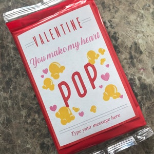 Printable Popcorn Valentine Tag Instant Download DIGITAL PDF file Pop Corn Popping Valentines Day Gift Food Treat School Teacher Cute Fun