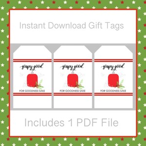 May include: Three printable gift tags with a red soap bottle illustration and the text "soapy good for goodness sake". The tags are white with red and gray accents. The text "Includes 1 PDF File" is at the bottom of the image.