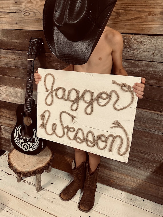 Rustic Western Name Sign: Reclaimed Wood Cowboy Cowgirl Jute Rope