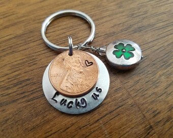 Lucky us keychain, lucky penny, lucky clover, 4 leaf clover, lucky charms, lucky necklace, Clover, gift for us, anniversary gift, lucky us