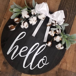 COTTON HELLO ROUND wood sign,Sunflower Door Decor,  Round Door Decor, Front Door Wreath,Entryway wood sign,Housewarming Gift,
