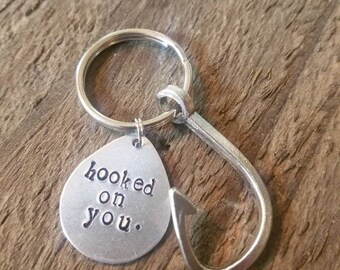 Hooked on you, fishing keychain, gift for him, gift for fisherman, fishing gift, gift for dad, fathers day gift, daddy gift,  guys gift