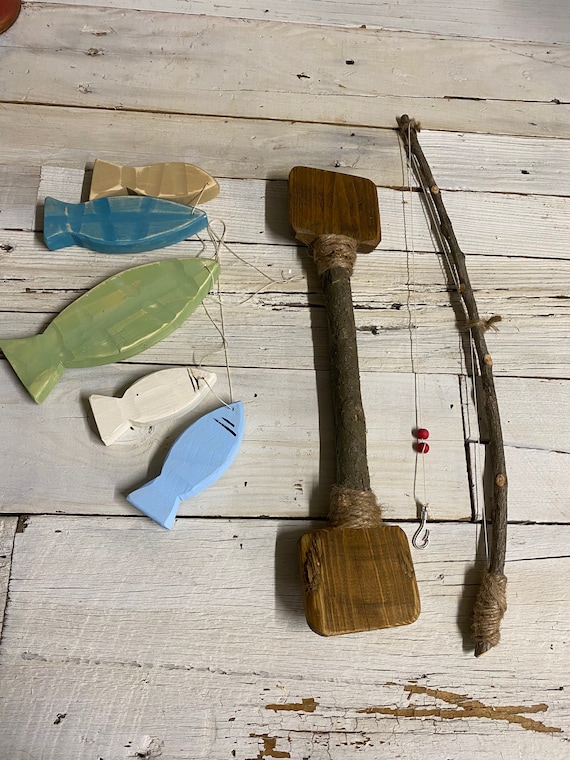 LITTLE FISHING SET, Little Oar Prop, Twig Fishing Pole Set,tiny Wood Fish ,  Wooden Fish Prop,outdoor Props, Rustic Fishing Prop Accessories 