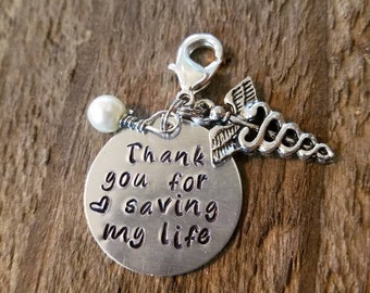 Thank you for saving, saved my life pendant, thank you for saving my life,  NICU nurse, nurse charm, officer gift, firefighter gift nurse