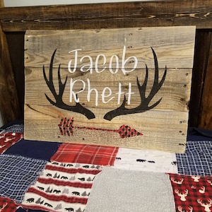 RUSTIC ANTLER NURSERY Name Sign, Buffalo Plaid, Arrows and Antlers Wood sign Boy Room Woodland Theme, Antler Decor Country Nursery Decor