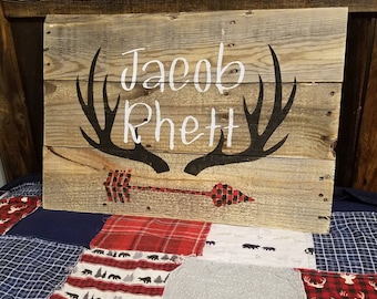 RUSTIC ANTLER NURSERY Name Sign, Buffalo Plaid, Arrows and Antlers Wood sign Boy Room Woodland Theme, Antler Decor Country Nursery Decor