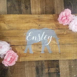 ELEPHANT NURSERY SIGN Decor , girl Elephant Room Decor, Elephants and flowers, country nursery decor, rustic name sign,pink and gray nursery