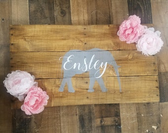 ELEPHANT NURSERY SIGN Decor , girl Elephant Room Decor, Elephants and flowers, country nursery decor, rustic name sign,pink and gray nursery