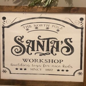 SANTAS WORKSHOP WOOD Framed Wall Decor, Vintage Santa Sign Decor Over the hearth decor, Santa sign, winter farmhouse
