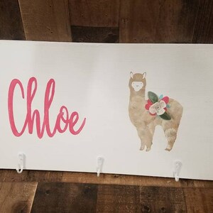 LLAMA GIRL ROOM Decor Name Sign Girl Room with hooks, backpack holder, Cute Llama decor, Personalized Llama Theme Decor, Girl Room name sign
