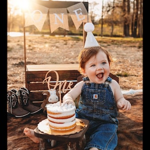 May include: A child wearing dark blue denim overalls and a small cone-shaped party hat with a white pom-pom and the number one. A wooden cake topper with the word One sits on a small cake, with a burlap banner displaying the word ONE behind.