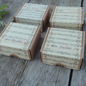 Music sheet paper gift boxes, Personalized Will You Be My Bridesmaid Box, Set of 4 gift boxes with lid, Romantic vintage bridal favor boxes