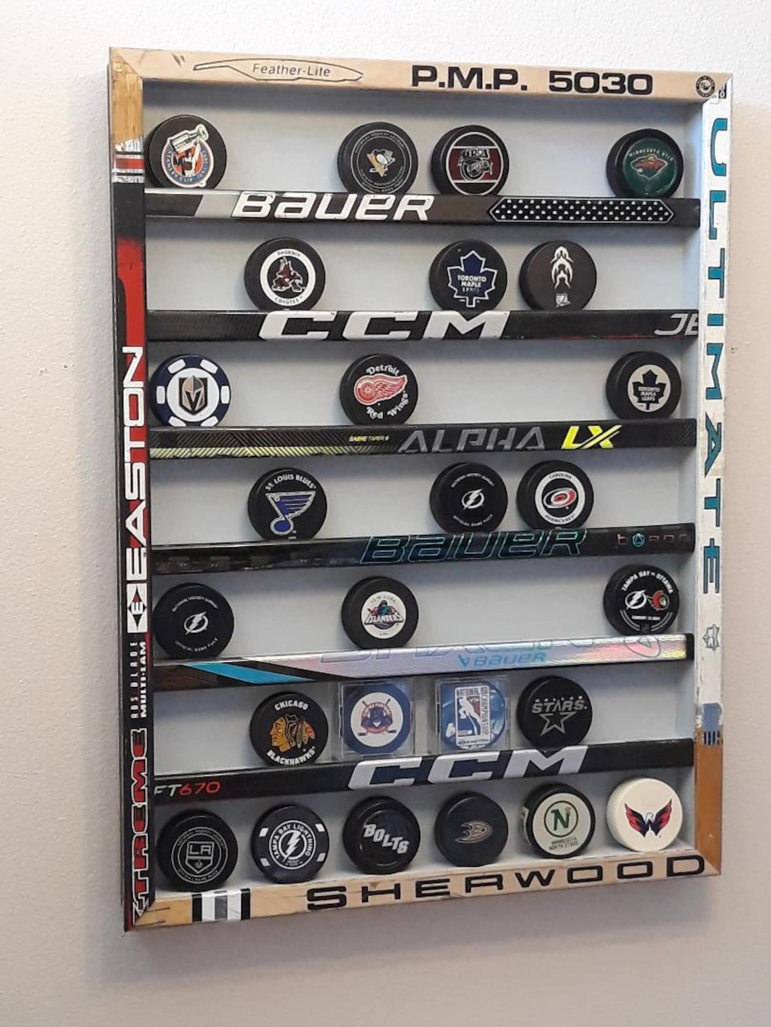 Frame Pucks Hockey Puck Display Case, Hockey Stick Frame, Holds 42 Pucks - Etsy