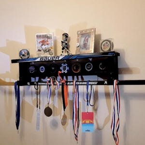 Hockey Shelf holds 7 pucks, Stick & Medals   (Made with hockey sticks, hockey christmas gift, hockey room decor, hockey Kid&#39;s room decor)