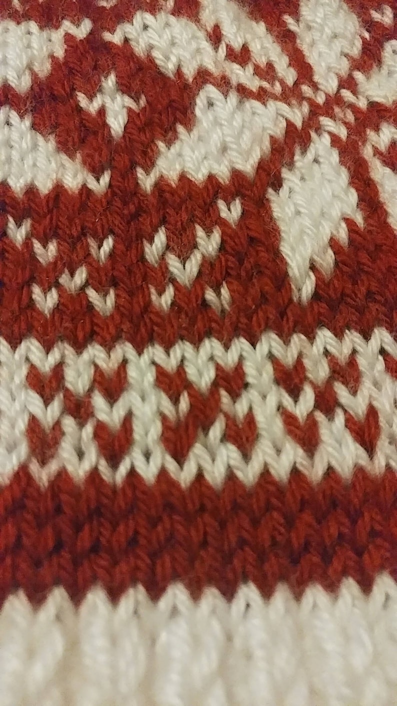 May include: Close-up of a knitted fabric with a red and white pattern. The fabric is made of yarn and has a textured surface.