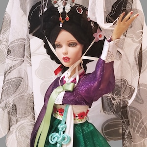 For 16&quot; Tonner Deja Vu, Gene – HanBok Korean Traditional Costume with Wig/Veil Hat, Purple/Green Doll Dress