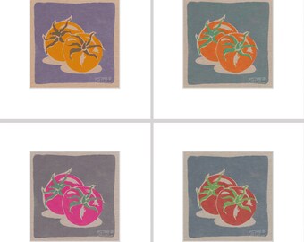 May include: Four illustrations of tomatoes on a textured background. Each illustration features two tomatoes, one on top of the other. The tomatoes are in different colors: orange, red, and pink.
