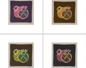 May include: Four square images of pomegranates with different colored backgrounds. The pomegranates are all the same design, with a green stem and leaves, a red body, and a yellow and brown inside. The backgrounds are purple, brown, green, and black.