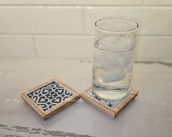 Handmade Ceramic Tile Coaster Set – Mediterranean Ash Wood Frame