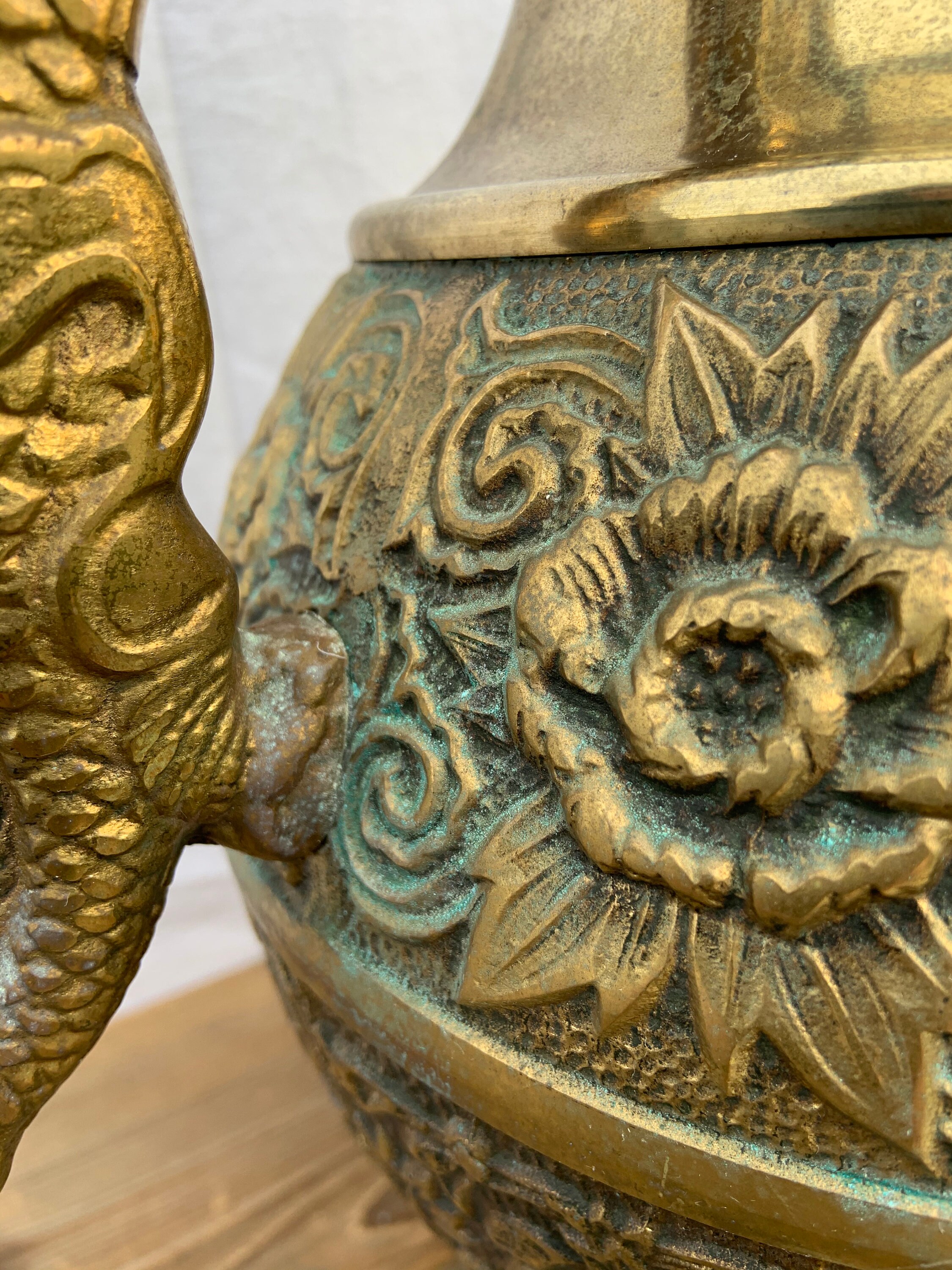 XL Vintage Brass Chinese Lotus Flower Dragon Handle Urn Etsy