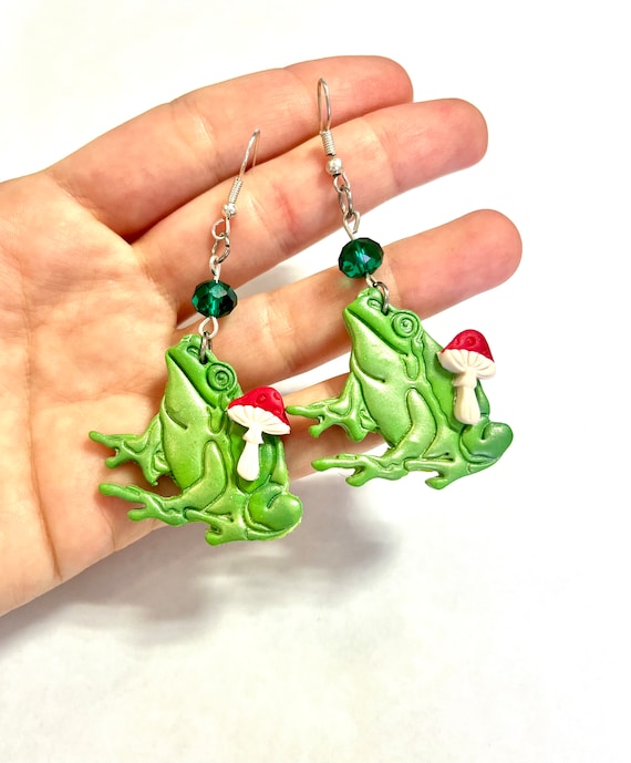 Handmade Polymer Clay Earrings Mushroom Frogs Boho Statement