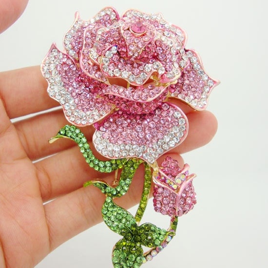 Rose Bud Brooch Beautiful Rhinestone Fashion Jewelry Gold tone
