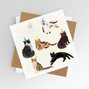 Carte de voeux chat | Fêtards | Carte de voeux | Anniversaire | Chats noirs | Blanc à l'intérieur