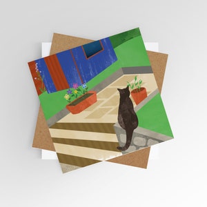 Gato preto no jardim, cartões de felicitações, cartão de aniversário para amigos, cartão para família, amante de gatos, presente para amantes de jardim