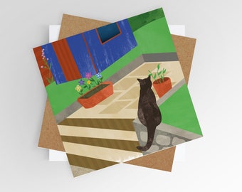 Cat in the garden | Illustration | Greetings card