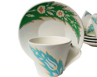 Art Deco Aardewerk Waechtersbach Set Theekopjes Set Koffiekopjes Set Waechtersbach Thee Jaren 1950 Porseleinen Kop en Schoteltjes Goud Groen Turquoise