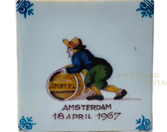 Vintage Delft Polychrome Tile Amstel Brewery Amstel Bier Tile by Royal Makkum Tichelaar 1967 Amsterdam Amstel Beer Acquired by Heineken 1968