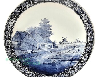 ヴィンテージ手描きデルフトプレート：オランダの青と白の装飾（幅8.8
