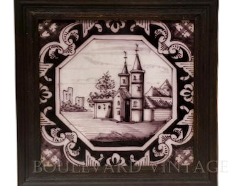 Rare Antique Delft Manganese Castle Tile Antique Mural Tile Fireplace Tile Antique Delft Stove Tile Faience Tile Dutch Castle Tile Manganese