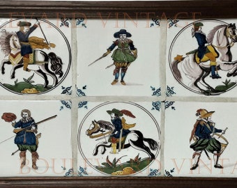 Antique Delft Tiles Tableau Polychrome Knight on Horse Antique Paladin on Horse Antique Knight Errant Tile Musketeer with Sword and Rifle