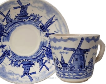 Antieke Delfts Blauwe Theekop en Schotel Delfts Blauwe Molen Delfts Blauwe Koffiekop Delftse Molen Delft Kop en Schotel Blauw en Wit Delft