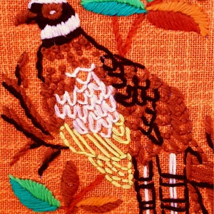 May include: Embroidered bird and foliage design on orange fabric. The bird features brown, white, and yellow details, perched on a branch with green, blue, and orange leaves. The embroidery is detailed and colorful.