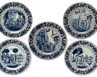 Rare Dutch VOC Delft Blue Tobacco Plates Set of 5 Dutch Tobacco History 17th Century VOC Delft Wall Plates Set Delft History Museum Pieces