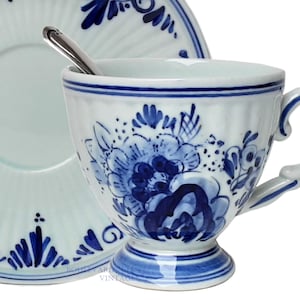 Antique Delft Blue Tea Cup and Saucer + Silver Tea Spoon 1887 by Schoonhoven and Kooiman Blue and White Delft Lusterware Coffee Cup Unused