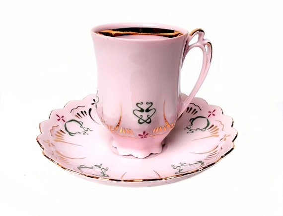 Vintage Czechoslovakia H&C pink porcelain demitasse tea cup and saucer 