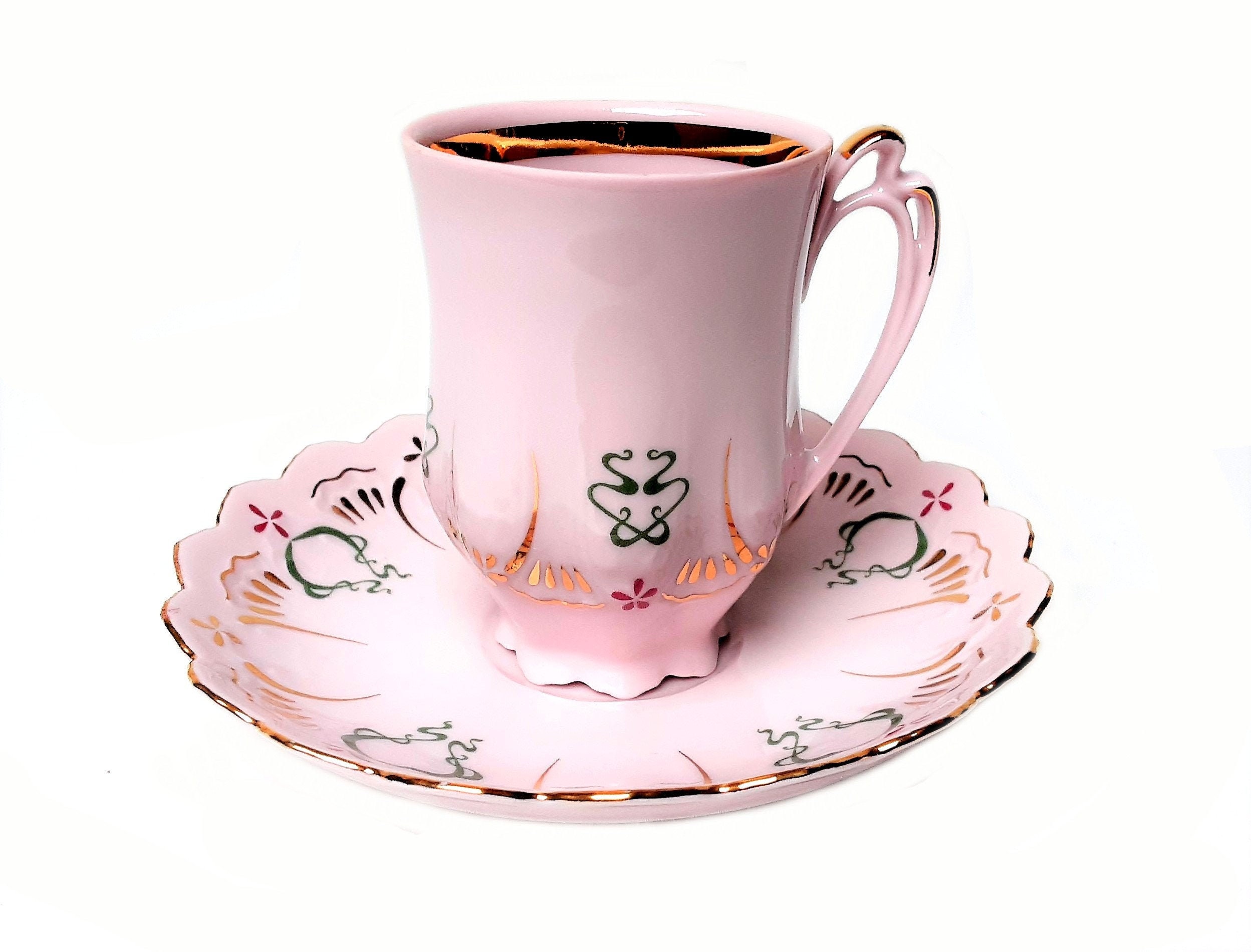 Różowa czeska porcelana Złota filiżanka kawy H&C