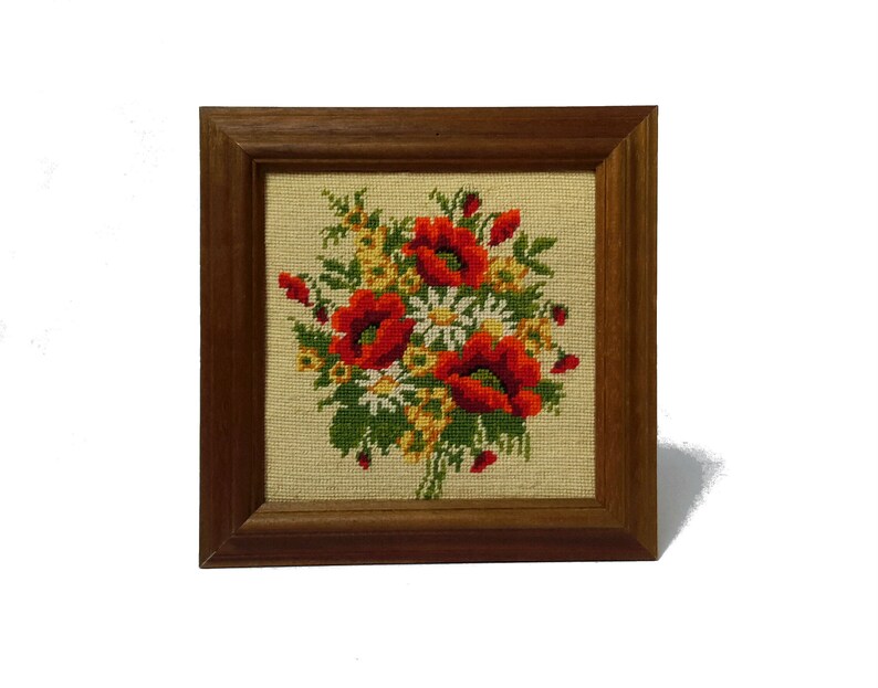 Finished Cross Stitch Floral Needlepoint Framed Wall Art Red Etsy