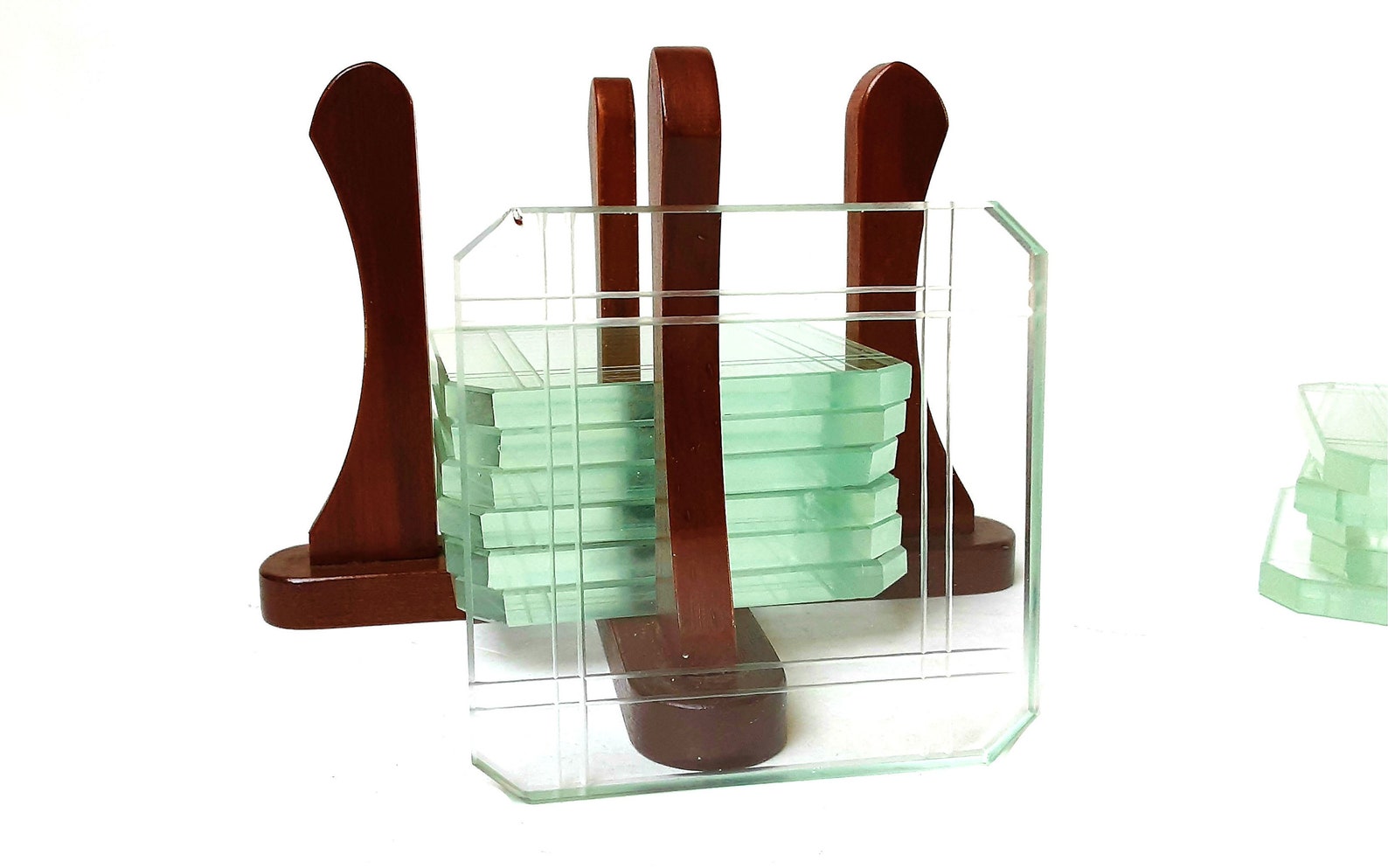 Bar Coasters in a Stand Green Glass Coaster Set With Holder Etsy