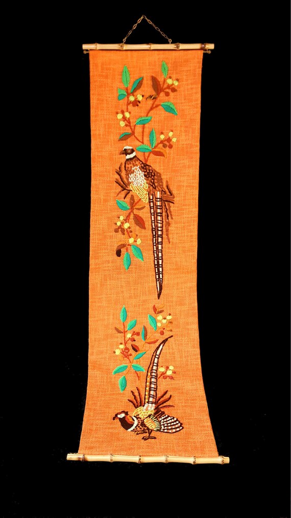 Satin Stitch Retro Embroidery Peacock Wall Art Orange Embroidery Design Peacock Embroidery Finished Cross Stitch Retro Gift 1970 Linen Wall