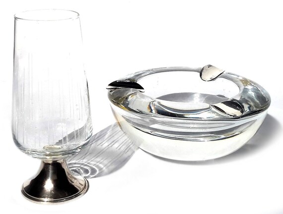 Antikes Holländisches Silber Kristall Bar Glas und Aschenbecher Kristall  Silber Bar Set Kristall Silber Sherry Glas Silber Aschenbecher Silber Fuß  Barware - .de