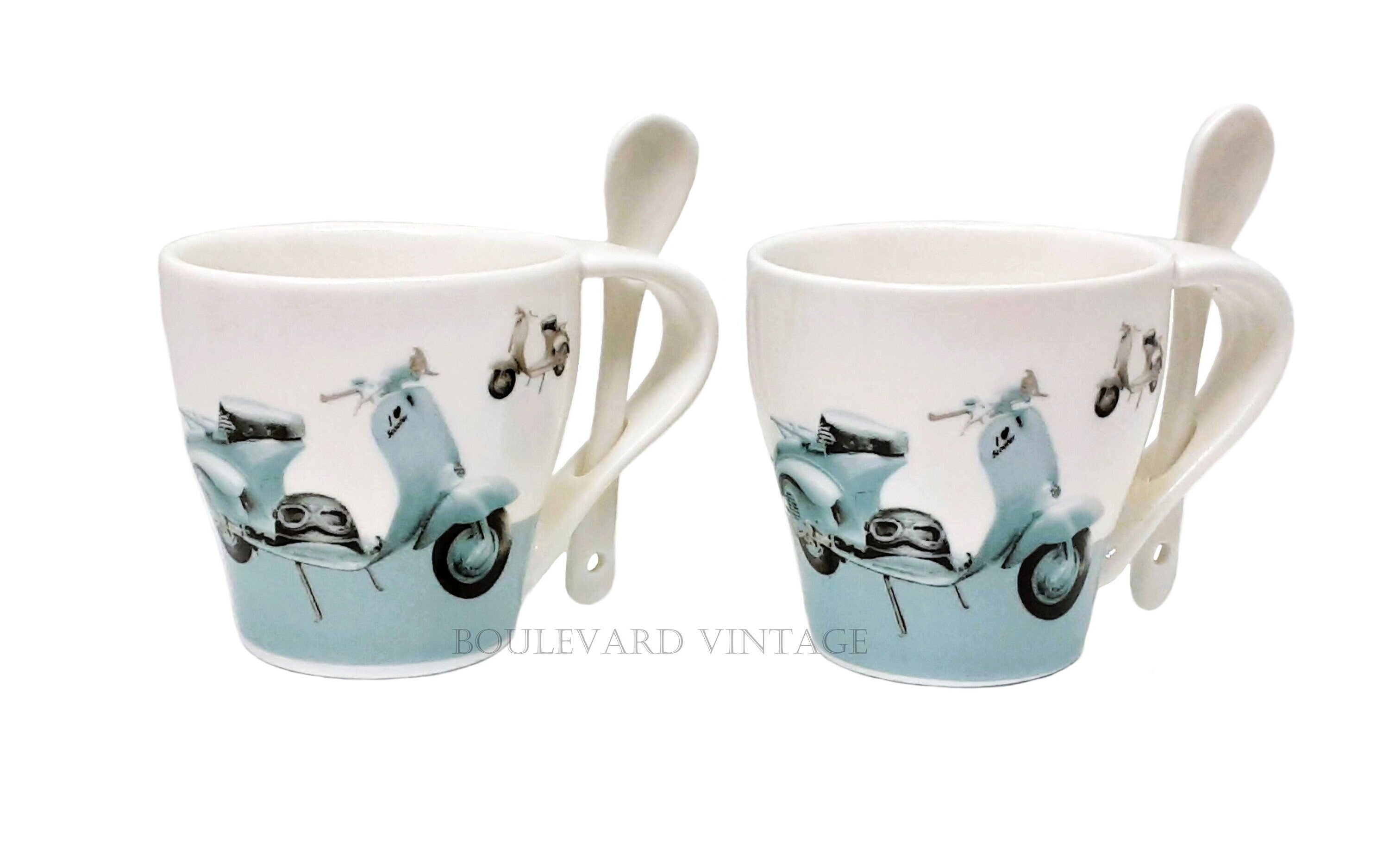 Retro Vespa Espressotassen Italienische Cappuccino Tasse von Casa Baci Milano Blau Italty Vespa Tassen Grau Blau Vespa Kaffeetassen + Löffel Unangetastet