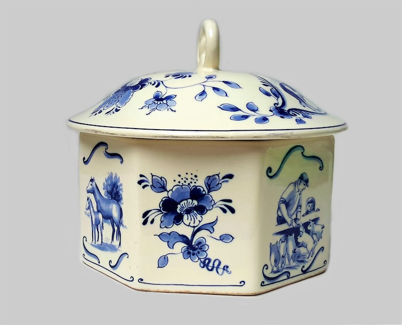 Delft Blue Bowl Delft Lidded Pot Jar with Lid by Delft Regina Delft Ginger Jar Blue and White Delft Decor Dutch Landscape Delft Windmill