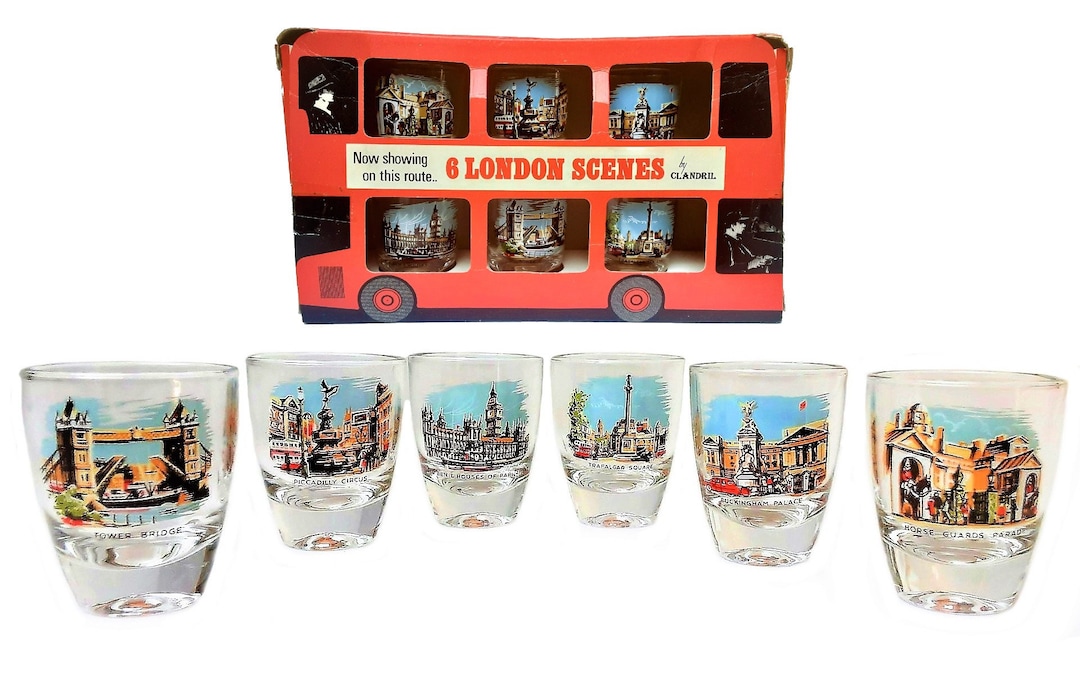 Antique London Shot Glasses Double Decker Bus Goblet Set of 6 Shot